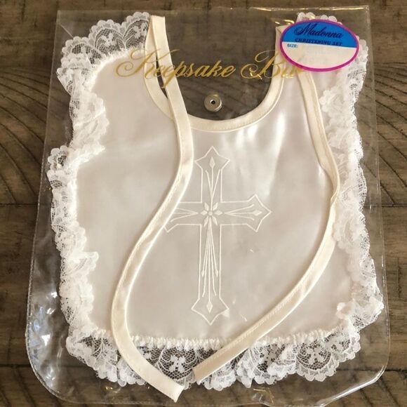 Madonna Christening Bib Lace and Satin w/Snap Keepsake Bib Holder Made in USA - Picture 1 of 17
